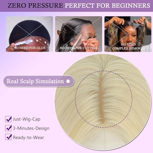 Barbique Blonde Synthetic Long Wavy Wig for Women, 613 Middle Part Lace Wig, Heat Resistant 24 Inch Glueless Wig for Everyday Use - Thumbnail 3