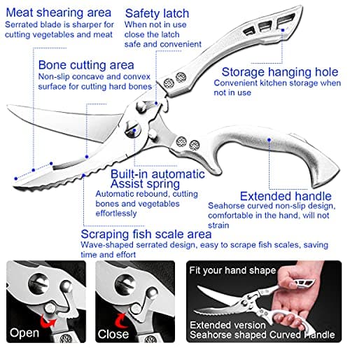 ANDONG Upgrade Heavy Duty Stainless Steel Kitchen Scissors - Professional Poultry Shears for Bone, Meat, Chicken, Fish, Turkey, Vegetables,Spring Loaded Multipurpose Ultra Sharp Utility Scissors - Thumbnail 2