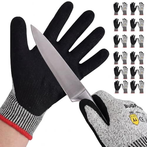 BUGPASS 12 Pairs Cut Resistant Work Gloves With Strong Grip, 13 Gauge Cut Proof Gloves with Sandy Nitrile Coating, Level 5 Cut Gloves for Caving, WoodWorking, Construction, Black, Medium