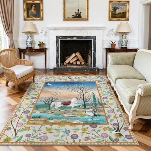 LIVEBOX Washable Rug for Living Room, 5x7 Horse Forest Floral Area Rug for Bedroom, Soft Non-Slip Woodland Beige Rugs for Dining Room Playroom Nursery Home Decor (Beige,5x7) - Image 1