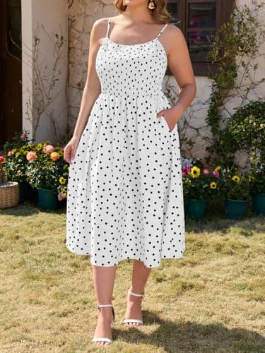 Beautife Women's Plus Size Midi Dress Summer Polka Dot Square Neck Long Dresses Spaghetti Strap Smocked Beach Sundress - Thumbnail 2