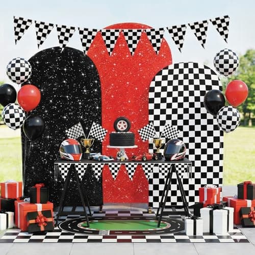 3PCS Arch Backdrop Cover Set (4,5,6FT) for Monster Truck Car Birthday Party Decorations, Boys Race Car Theme Background with Checkered Arch Covers - Thumbnail 6