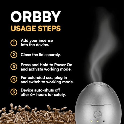Orbby Scent Diffuser Starter Kit | Mini Portable Desk Diffuser for Office: Electric Incense Burner, Rechargeable Cordless Pet Safe Air Freshener for Home, Flameless (Gray, Inculdes Pellets) - Thumbnail 5