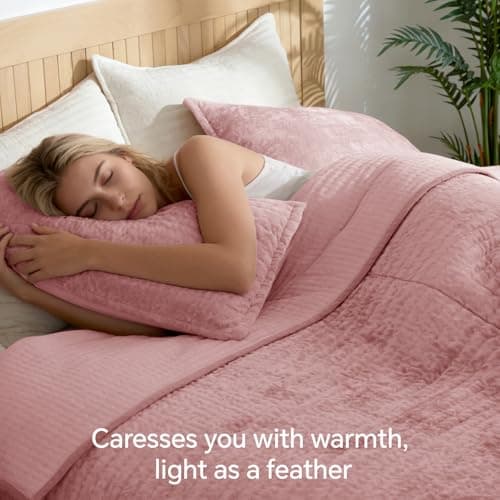 BEDELITE Velvet Quilt Set King Size, Luxury Velvet Comforter for All Season, Lightweight Soft Quilted Bedding Set, Striped Channel Oversized Bedspread Coverlet with 2 Pillow Shams, Rose Pink - Thumbnail 4