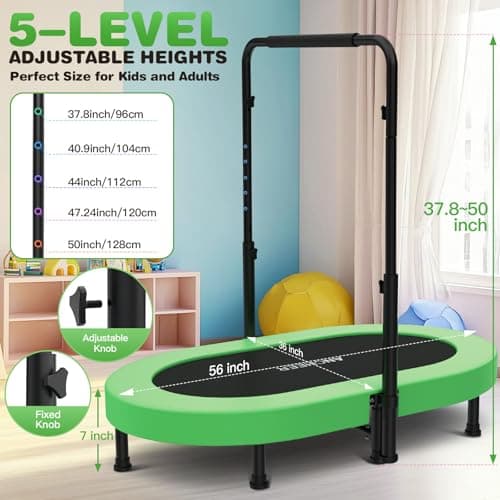 ANCHEER Trampoline, Double Mini Trampoline with Adjustable Handle - Indoor/Outdoor Rebounder for Kids & Toddlers, 56'' Safe Oval Fitness Trampoline with Bar for Home Fun - Thumbnail 6