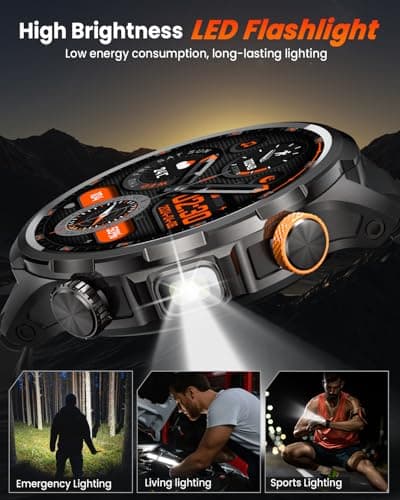 Military Smart Watches for Men, 1.91" Men's Smart Watch with 1000mAh/5 ATM Waterproof/LED Flashlight/110+ Sport Modes/Heart Rate/SpO2/Sleep Monitor, Fitness Tracker Watch for Android & iPhone (Black) - Thumbnail 4
