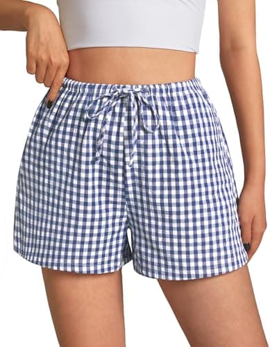 GKBK Boxer Shorts for Women Gingham Pajama 2026 Summer Spring Casual Lounge Sleep Plaid Shorts Y2K Beach Bottoms Blue White Plaid L - Thumbnail 2