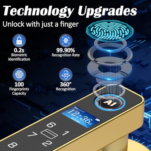 Fingerprint Keyless Entry Bedroom Door Lock with Code RFID Card NFC APP Keypad, Smart Biometric Automatic Interior Door Handle with Lock for Indoor Hotel Pantry Apartment Office Home, Gold - Thumbnail 4