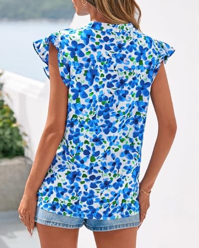 Zenlonr Womens Dressy Casual Tops 2026 Summer Ruffle Cap Sleeve V Neck Shirts Boho Floral Blouses Vacation Outfits(White Blue Flower,XX-Large) - Thumbnail 3