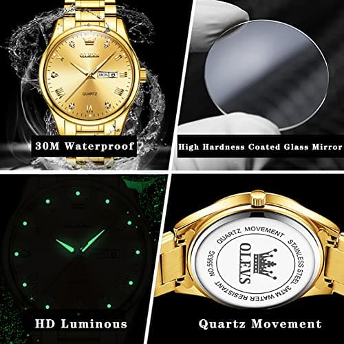 OLEVS Gold Watches for Men Luxury Wrist Watches for Man Waterproof Large Face Mens Watch Golden Stainless Steel Dress Dimond Day Date Simple Classic Analog Quartz Casual Relojes para Hombres - Thumbnail 5