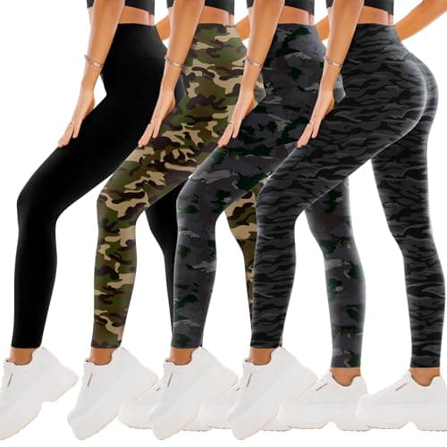 SINOPHANT 4 Pack Leggings for Women - Full Length Capri Buttery Soft High Waisted Yoga Pants for Athletic Workout Sports Black/Black Printing/Black Camo/Green Camo S-M - Image 1