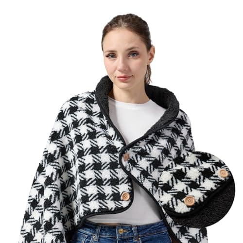 SHINEDOOR Jacquard Sherpa Wearable Blanket Lap Blanket Comfy Poncho Throw with Wooden Buttons Fleece Wearable Blankets for Women Soft Winter Shawl Gifts & Home Black & White Checkered
