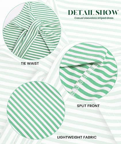 NOLLSOM Women Casual Sleeveless Striped Tank Midi Dresses Halter Neck Ruched Bodycon DressesTie Waist T Shirt Summer Dress (Large, Striped Light Green) - Thumbnail 5