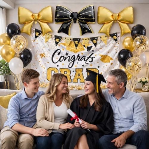 38Pcs Graduation Decorations 2026 Set - Congrats Grad Banner, Graduation Balloons, Backdrop, 6 Giant Bow Foil Balloons Class of 2026 Decorations Party Supplies for High School & College Black and Gold - Thumbnail 5