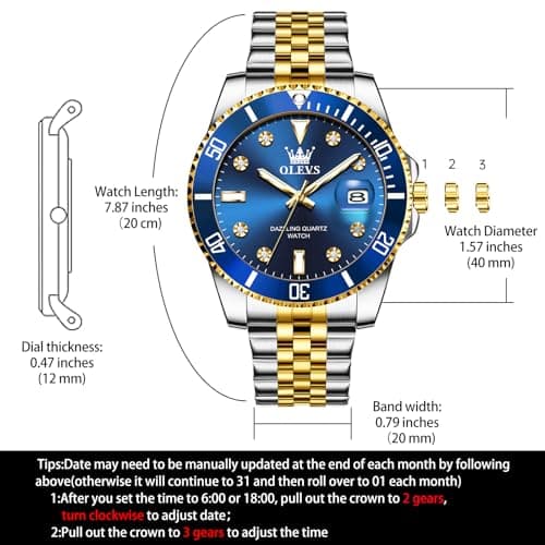 OLEVS Watches for Men Luxury Quartz Dress Men’Wrist Watch with Diamond Date 3ATM Waterproof Two Tone Stainless Steel Blue Face Watches for Men Business Style for Office Premium Gift for Him - Thumbnail 5