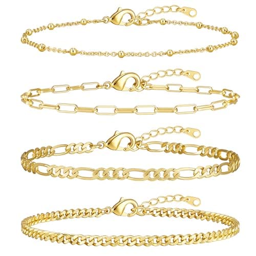 adoyi Gold Ankle Bracelets for Women, 14K Gold Plated Ankle Bracelets for Women Waterproof Gold Anklet Set Cuban Figaro Link Paperclip Chain Beach Anklets Adjustable Gold Jewelry Set Gift 8.5 Inch - Image 1
