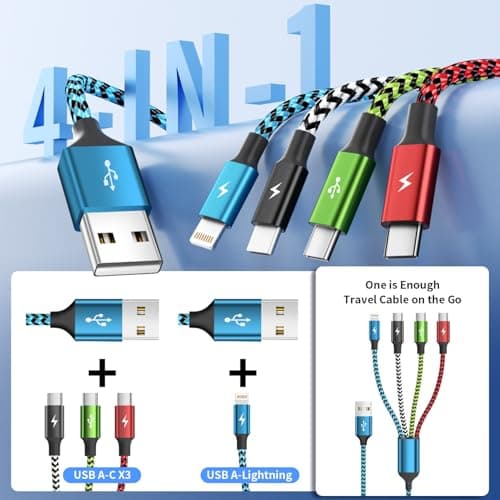 Travel Essentials, Dual Type-C 4 in 1 Multi Charging Cable 2 Pack 5FT Multi Charging Cables for All Devices,Charger Cord Adapter 2USB-C/IP Port for Cell Phones ( Blue&Black,USB A to 3 Type C+1IP ) - Thumbnail 2