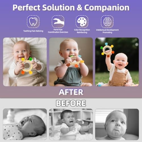 Baby Teething Rings Toys for 0-6 6-12 Months Animal Rattle Teether Sensory Toys for Babies 0-24Months Silicone Teether Relief Chew Soothing Sore Gums for Newborn Infant Essentials BPA Free (Animal) - Thumbnail 4