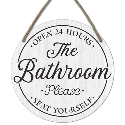 Funny Bathroom Signs Decor - Bathroom Open 24 Hours Please Seat Yourself Wooden Hanging Sign - Rustic Farmhouse Round Wooden Front Door Sign For Toilet Restroom Home Decor & Gifts（White）-A04