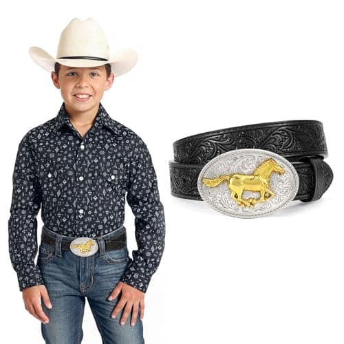 JKEEMI Kids Western Belt for Boys Girls, Embossed Genuine Leather Cowboy Cowgirl Belt for Jeans Pant Dresses Gift - Image 1