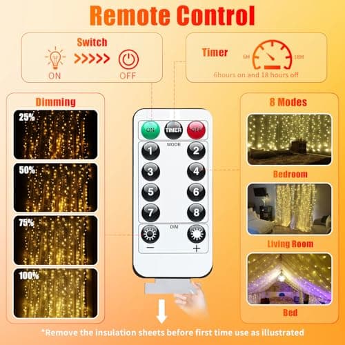 300LED Fairy Curtain Lights, 9.8x9.8Ft Warm White USB Plug in 8 Modes & Timer Christmas String Hanging Lights with Remote for Bedroom Indoor Outdoor Weddings Party Wall Decorations(Warm White) - Thumbnail 5
