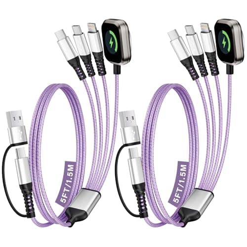 Dual Type-C 4 in 2 Multi Charging Cable for Travel with Multi USB-C Devices, Suitable for Air/Cruise/Car, USB A/C to Dual C/iWatch/IP, Work for iPhone 17-8/iWatch Ultra/SE/11-1/Galaxy/iPad Purple-5FT