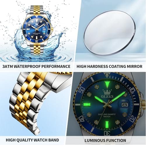 OLEVS Watches for Men Luxury Quartz Dress Men’Wrist Watch with Diamond Date 3ATM Waterproof Two Tone Stainless Steel Blue Face Watches for Men Business Style for Office Premium Gift for Him - Thumbnail 4