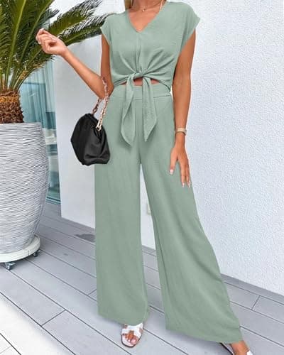 PRETTYGARDEN Woman 2 Piece Pants Sets Spring Fashion Elastic Waist Crop Tops Formal Prom Club Holiday Outfits For Women(Solid Light Green,XX-Large) - Thumbnail 2