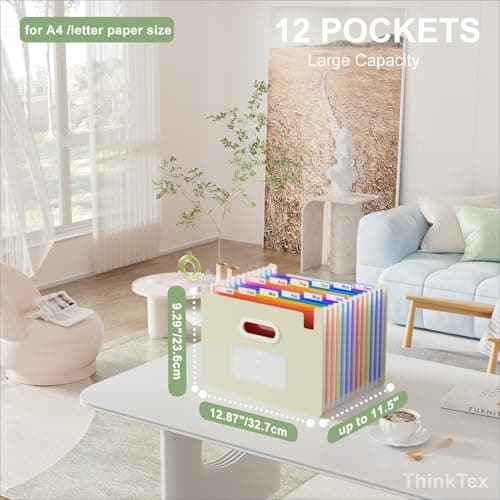 ThinkTex Accordion File Organizer, 12 - Pocket Expanding File Folders Upright & Open Top,for Paper Receipts, Bills&Taxes Organizer, Letter/A4 Size for School, Office, Home with tab- Beige Color - Thumbnail 2