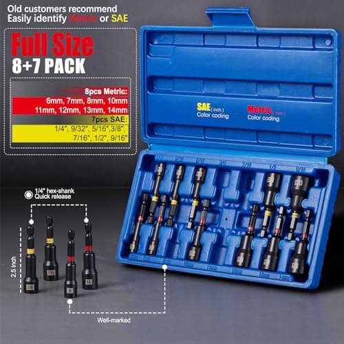 Facoow 15PCS Nut Drivers Set Magnetic, SAE & Metric Nut Drivers Set, Impact Nut Drivers for Impact Drills, 1/4" Hex Shank Standard Nut Driver with Storage Box, Durable for Professional, DIY Project - Thumbnail 2
