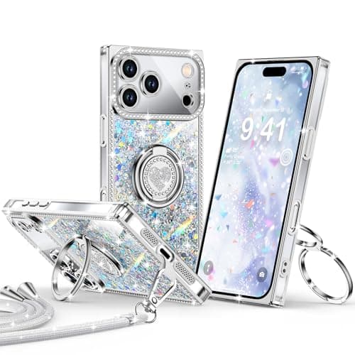 XYZ for iPhone 17 Pro Max Case, Glitter Bling Phone Cover with 2-Ring Heart Stand & Lanyard, Women Girls Luxury Rhinestone Shockproof Protective Case for iPhone 17 Pro Max, Silver