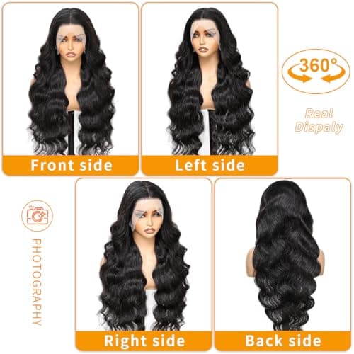 SUMT 32 Inch 13x6 Body Wave Lace Front Wigs Human Hair 200% Density HD Transparent Lace Front Wig Pre Plucked with Baby Hair Virgin Human Hair Frontal Wig for Women Natural Black - Thumbnail 3