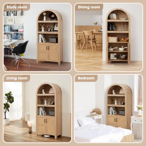 HABUTWAY 72'' Arched Storage Cabinet with Beech-Rattan Door, Tall Bookshelf with Adjustable Shelves, Modern Farmhouse Wooden Bookcase Kitchen Pantry Cabinet for Living Room, Natural - Thumbnail 5