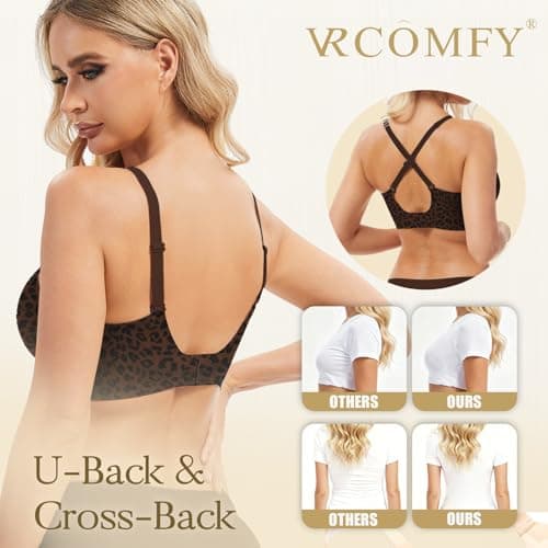 Jelly Wireless Bra for Women Deep V Push Up Seamless T-Shirt Bras Comfortable Plunge No Underwire Bra with Adjustable Straps Everyday Bras Leopard Coffee - Thumbnail 4