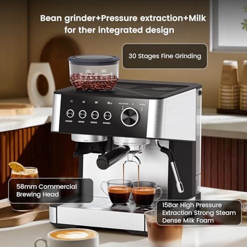 Joy Pebble 15 Bar Espresso Machine with Grinder & Milk Frother, All-in-One Coffee Maker for Home Baristas, 30-Position Grinder, 2.9L Removable Tank,for Cappuccino Latte - Thumbnail 2