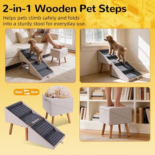 17.13" H Dog Stairs for Small Dogs, 2-in-1 Pet Steps & Ottoman - Foldable Dog Stairs for Couch, Non-Slip Wooden Pet Stairs for Puppy Senior Injured Dogs - Thumbnail 5