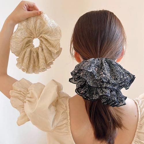 Jseng 2PCS Extra Large Scrunchies for Hair, Boho Floral Hair Ties, Beige and Black - Thumbnail 2