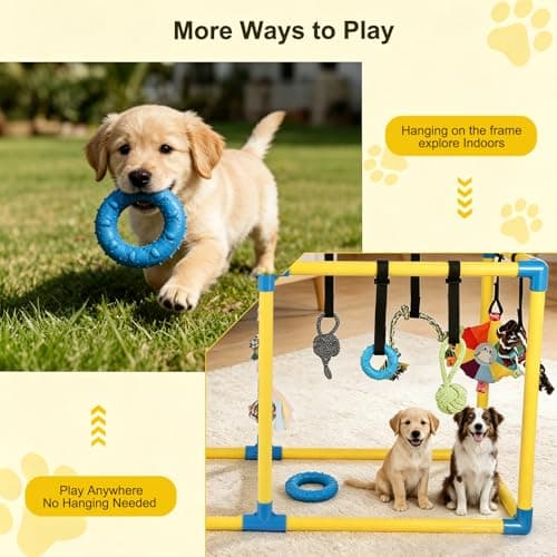 Autyomo 38" Extra Large Puppy Play Gym Jungle Gym with 14 Toys, Indoor Dog Activity Center with Adjustable Elastic Tug Straps, Spacious PVC Design for Small Dogs & Puppies 0-6 Months - Thumbnail 6