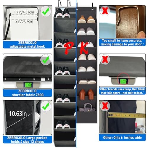 zebricolo Over the Door Shoe Organizer, Large Shoe Rack for Door 10 Tiers, Heavy Duty Metal Hanging Hook for Shoe Storage, Space Saving Shoe Holder Fits All Family Heels Boots Sneakers - Grey - Thumbnail 4