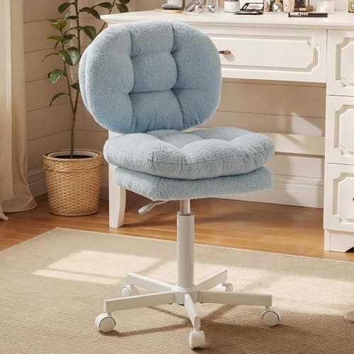 Dowinx Vanity Chair with Wheels, Double-Layered Thickened Cushion Makeup Chair with High Backrest, Armless Swivel Ergonomic Comfy Desk Chair for Home Office, Adjustable Height for Bar Counter-Blue - Image 1