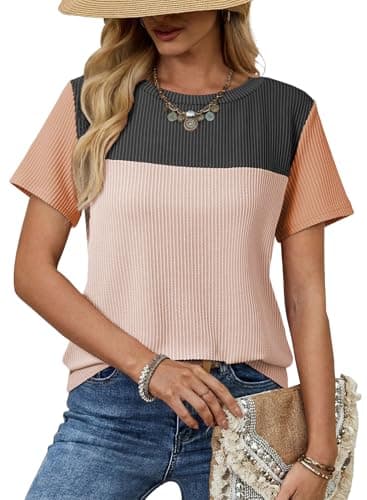Dokotoo Summer Tops for Women Color Block Short Sleeve Tee Shirts Cute Going Out Shirt Summer Knit Top Cruise Outfits Casual Striped Tunics Blouses Spring Tops for Women 2026 Black X-Large - Image 1