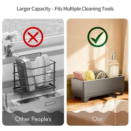 MOUKABAL Sponge Holder for Kitchen Sink – Rustproof Stainless Steel, 360° Rotating Drain Pipe, Large Counter Organizer with Drip Tray for Sponges, Brushes & Dish Cloths Grey - Thumbnail 4