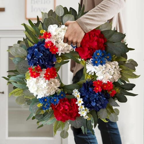 WANNA-CUL 250th Year Patriotic Wreaths for Front Door Decorations, 24 Inch 4th of July Hydrangea Wreath, Red White Blue Spring Door Wreath for Independence Day, Memorial Day for Indoor Outdoor Decor - Thumbnail 4