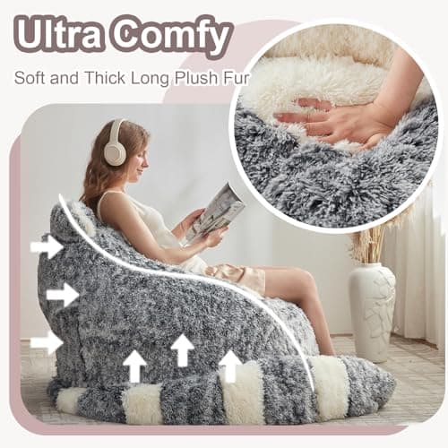 EBENCHICO Giant Bean Bag Chair for Adults Teens, Raccoon Shaped Faux Fur Bean Bag Sofa with Filler, Plush Beanbag Couch with Tail Pillow for Gaming, Reading, Bedroom, Dorm - Thumbnail 3