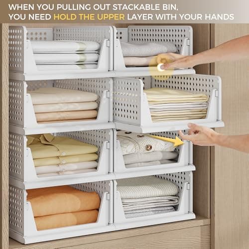Pinkpum 8 Pack Closet Organizers and Storage Plastic Stackable Storage Bins, Foldable Drawer Shelf Storage Container for Wardrobe Kitchen Bathroom Dorm White - Thumbnail 3