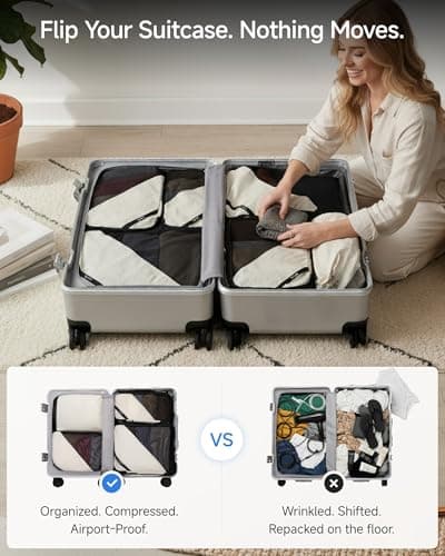 LUGGEX Compression Packing Cubes for Travel, 4 Set Lightweight Luggage Organizer Bags with Shoe Bag, Space Saving Suitcase Packing Cubes for Carry-On with Breathable Mesh, Double-Zipper (POX01, Beige) - Thumbnail 3