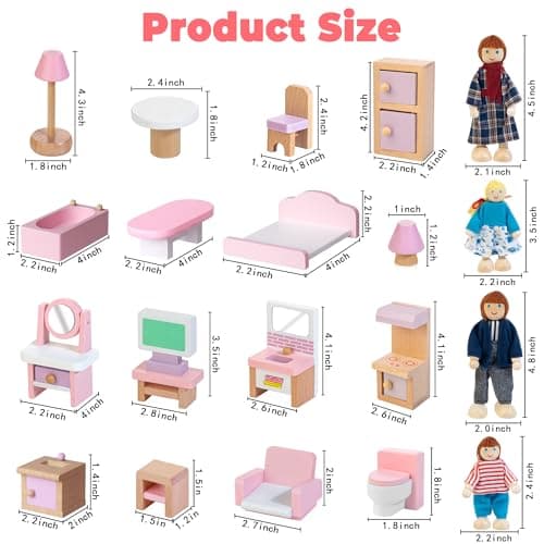 Kizfarm Wooden Dollhouse Furniture Set with 4 Family Dolls, 26 Pcs Pretend Play Dollhouse Accessories for 4 Rooms, Pink Furniture Toys Birthday Gifts for Girls Boys Age 3+ - Thumbnail 6