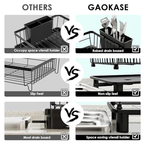 GAOKASE Dish Drying Rack, Stainless Steel Space-Saving Dish Rack, Dish Racks for Kitchen Counter, Kitchen Dish Drainers with Removable Utensil Holder,New Drain Outlet,Plate Rack and Drainboard, Black - Thumbnail 3