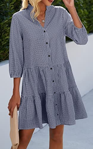 CCTOO Women's Summer Dresses Casual V Neck Button Down 3/4 Sleeve Floral Print Loose Flowy Shirt Dress Navy Blue Small - Thumbnail 6