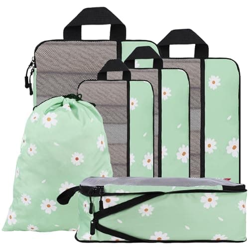 U+U 6 Set Compression Packing Cubes - Ultralight Travel Organizers with Laundry Bag, Space-Saving Suitcase Organizer, Expandable Packing Cubes for Travel, Business Trip and Family Vacation (Daisy) - Image 1